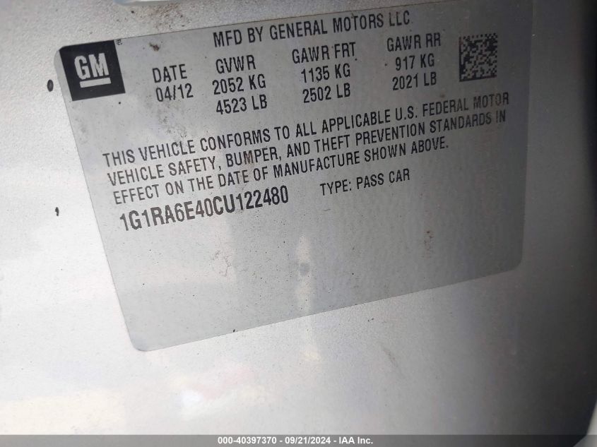 1G1RA6E40CU122480 2012 Chevrolet Volt