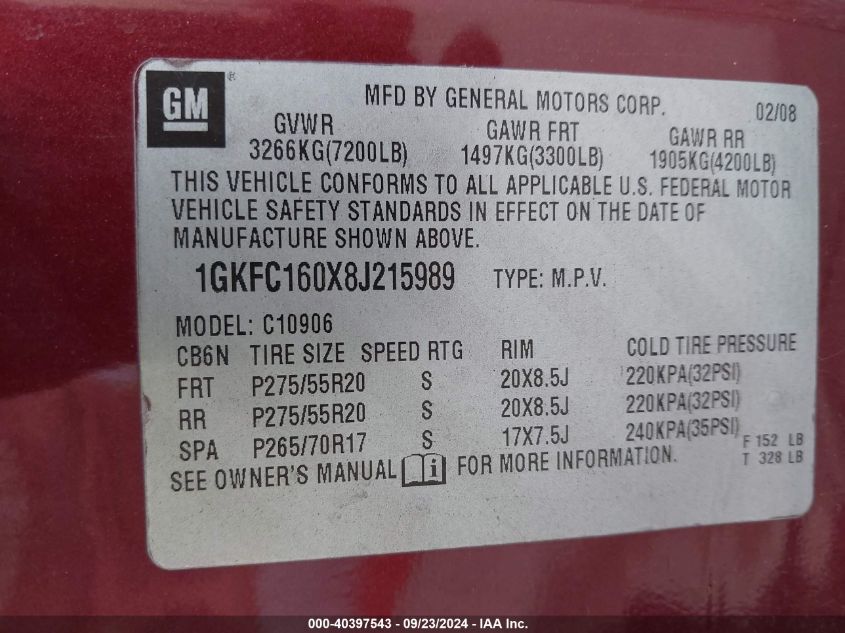 2008 GMC Yukon Xl 1500 Slt VIN: 1GKFC160X8J215989 Lot: 40397543
