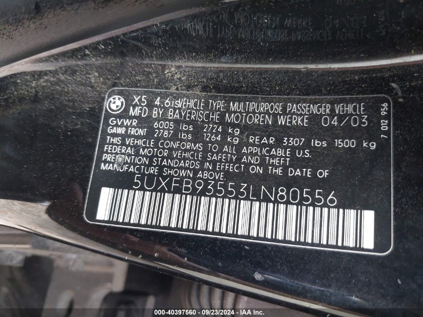 5UXFB93553LN80556 2003 BMW X5 4.6Is