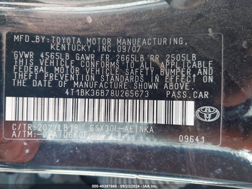 4T1BK36B78U265673 2008 Toyota Avalon Touring
