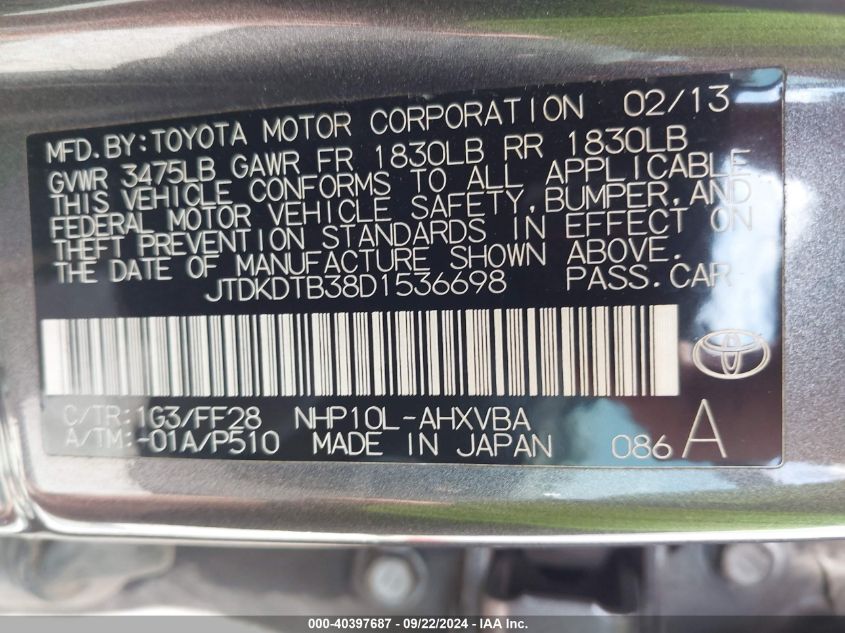 JTDKDTB38D1536698 2013 Toyota Prius C Two