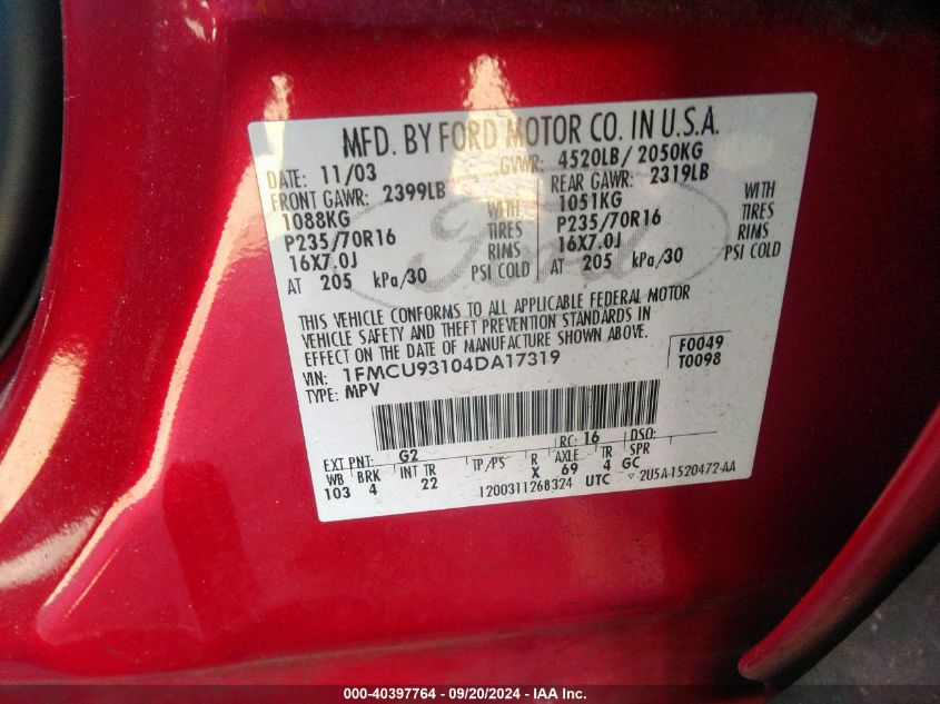 2004 Ford Escape Xlt VIN: 1FMCU93104DA17319 Lot: 40397764