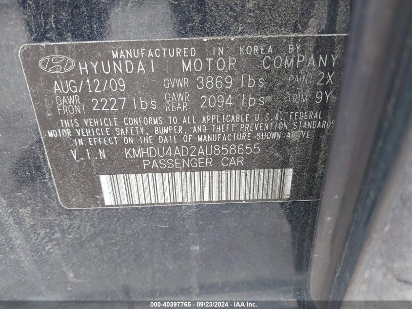 2010 Hyundai Elantra Gls VIN: KMHDU4AD2AU858655 Lot: 40397765