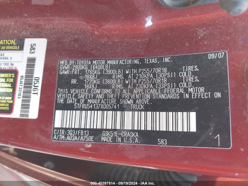 5TFRU54137X005741 2007 Toyota Tundra Sr5 V6