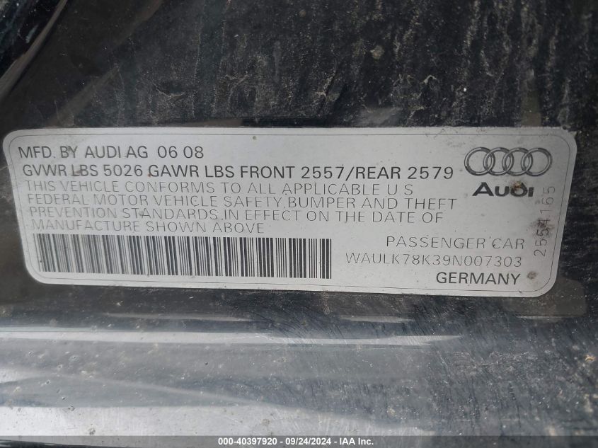 2009 Audi A4 3.2 Premium Plus VIN: WAULK78K39N007303 Lot: 40397920