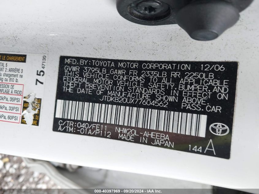 2007 Toyota Prius VIN: JTDKB20UX77604562 Lot: 40397969