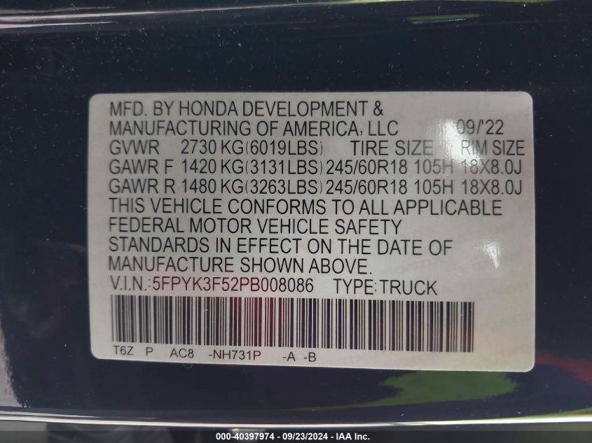 2023 Honda Ridgeline Rtl VIN: 5FPYK3F52PB008086 Lot: 40397974