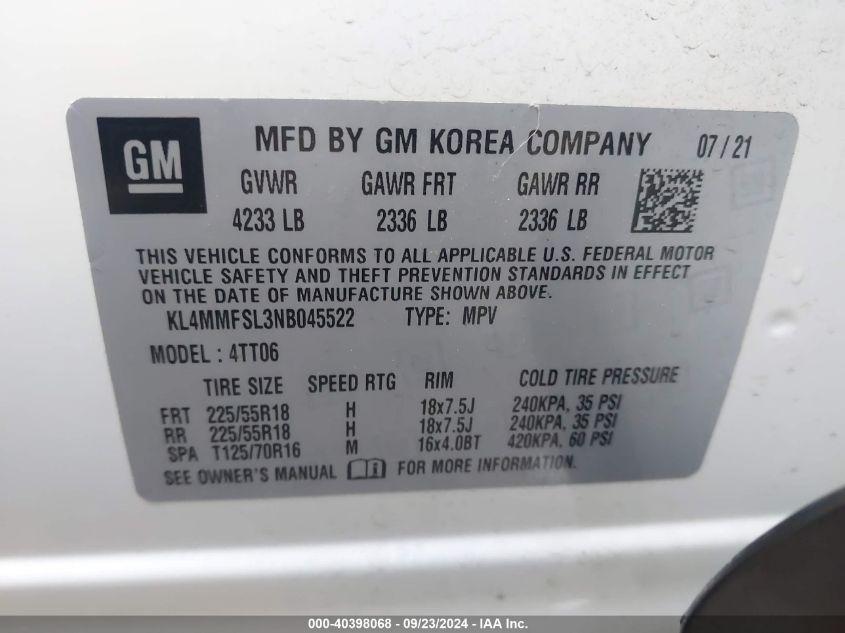 2022 Buick Encore Gx Essence VIN: KL4MMFSL3NB045522 Lot: 40398068