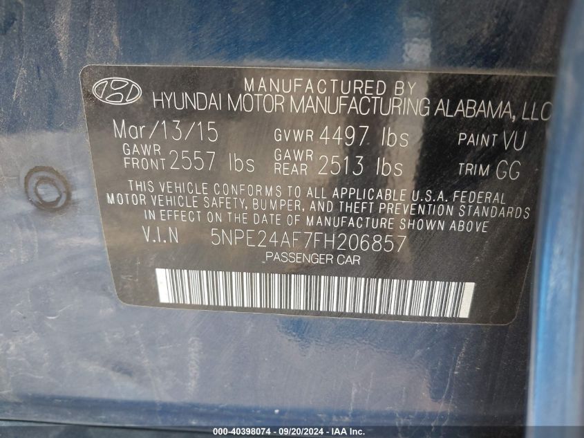 5NPE24AF7FH206857 2015 Hyundai Sonata Se