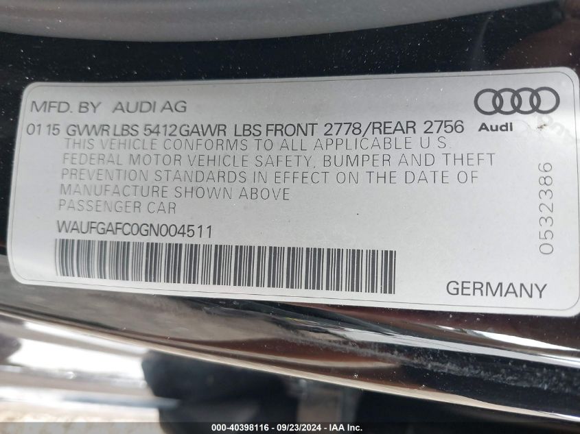 2016 Audi A6 3.0T Premium Plus VIN: WAUFGAFC0GN004511 Lot: 40398116