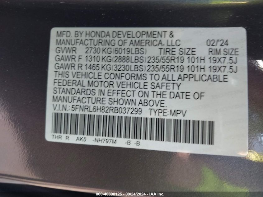 2024 Honda Odyssey Touring VIN: 5FNRL6H82RB037299 Lot: 40398125