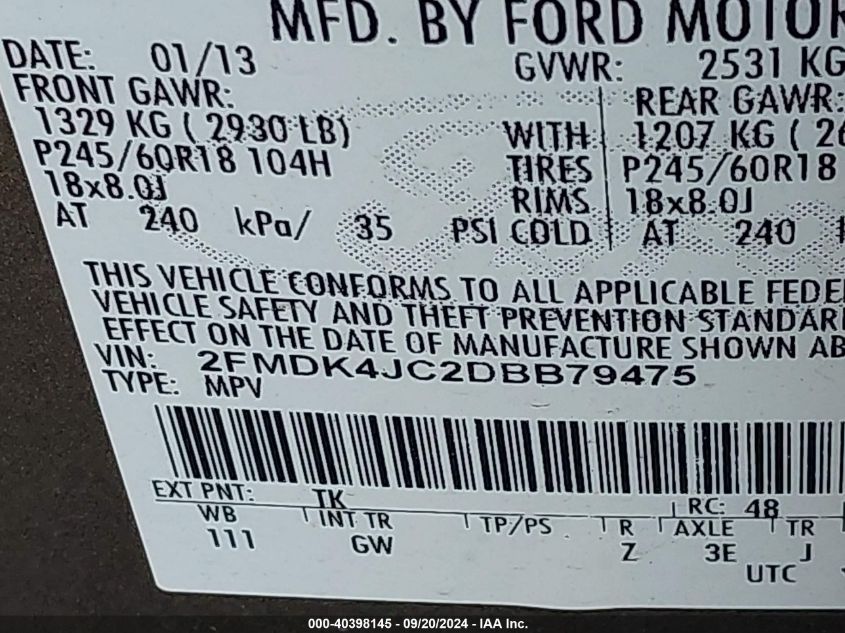 2013 Ford Edge Sel VIN: 2FMDK4JC2DBB79475 Lot: 40398145