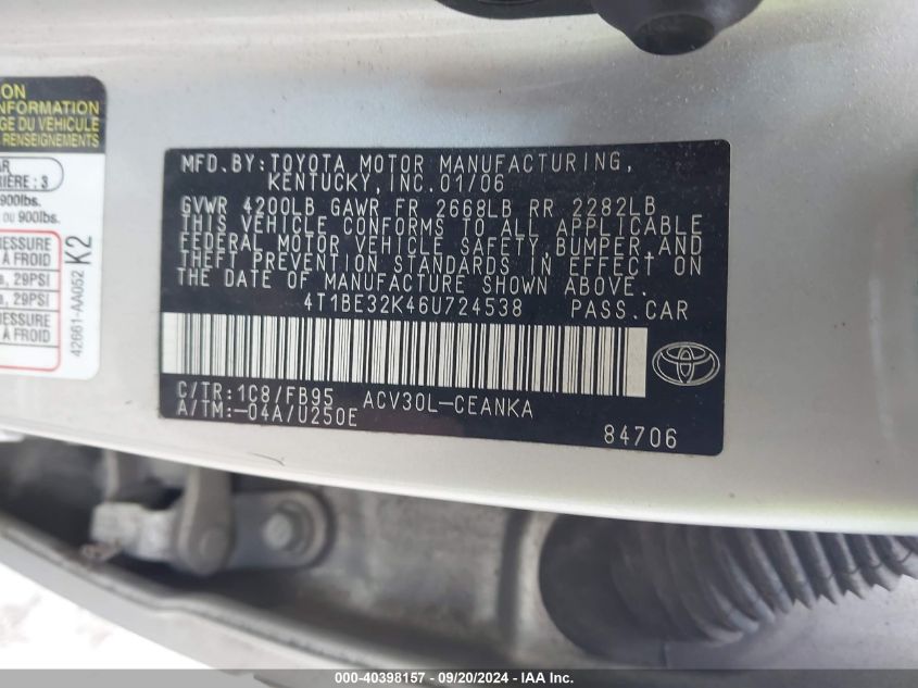 4T1BE32K46U724538 2006 Toyota Camry Le