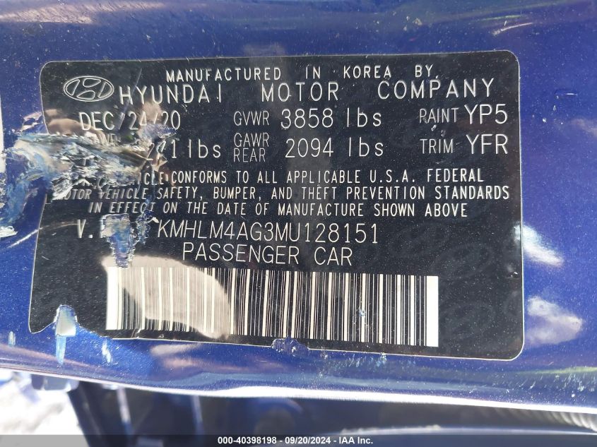 2021 Hyundai Elantra Sel VIN: KMHLM4AG3MU12815 Lot: 40398198