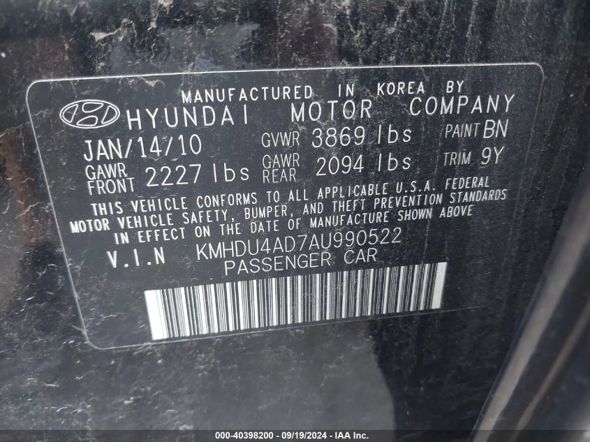 2010 Hyundai Elantra Gls VIN: KMHDU4AD7AU990522 Lot: 40398200