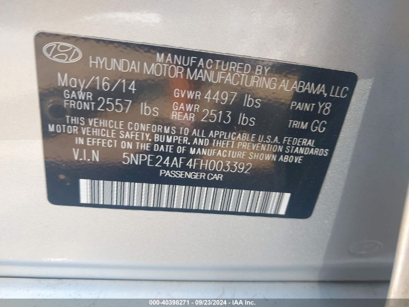 5NPE24AFAFH003392 2015 Hyundai Sonata Se