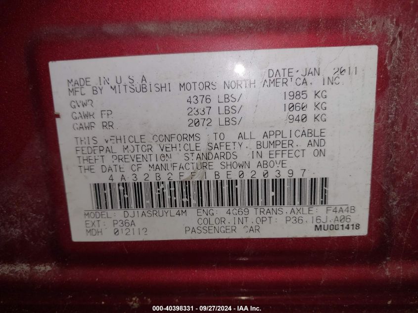 4A32B2FF1BE020397 2011 Mitsubishi Galant