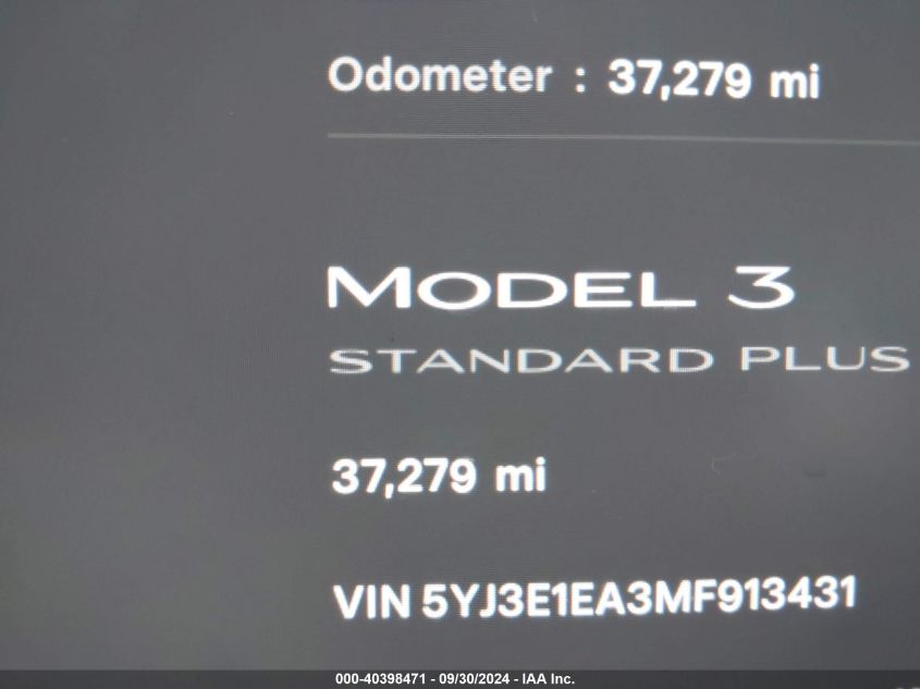 2021 Tesla Model 3 Standard Range Plus Rear-Wheel Drive VIN: 5YJ3E1EA3MF913431 Lot: 40398471