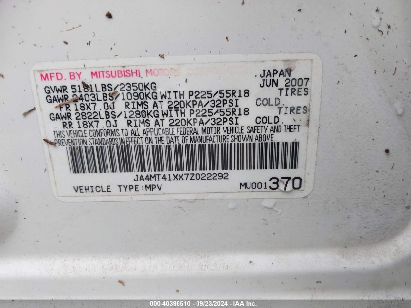 2007 Mitsubishi Outlander Xls VIN: JA4MT41XX7Z022292 Lot: 40398510