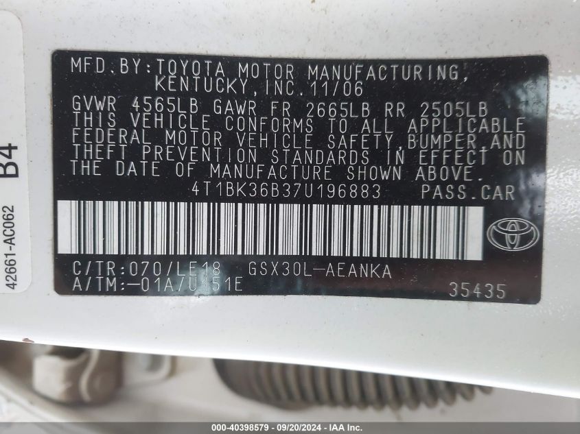 4T1BK36B37U196883 2007 Toyota Avalon Touring