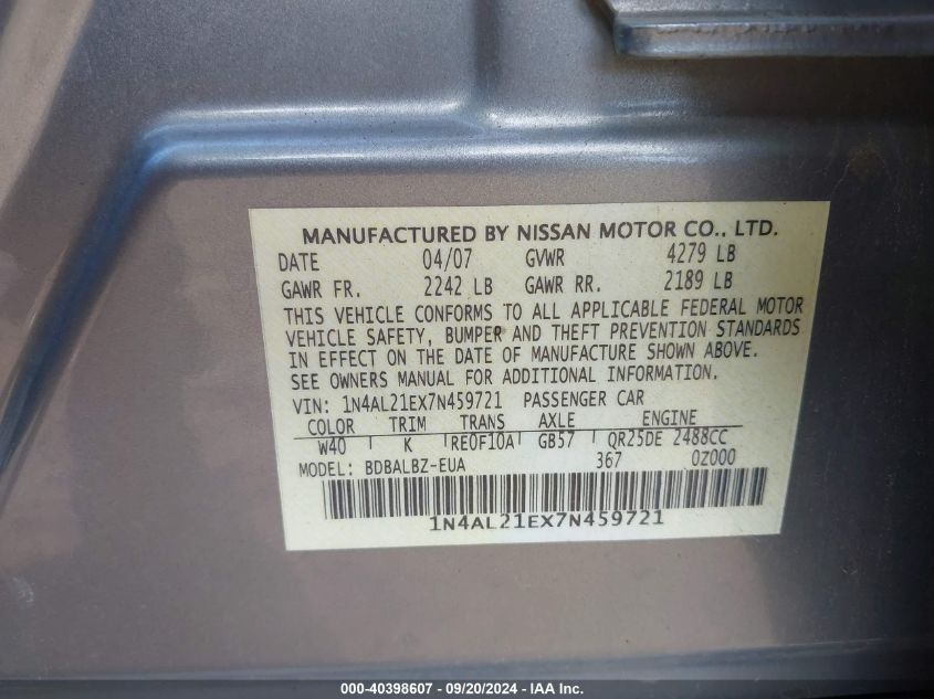 1N4AL21EX7N459721 2007 Nissan Altima 2.5 S