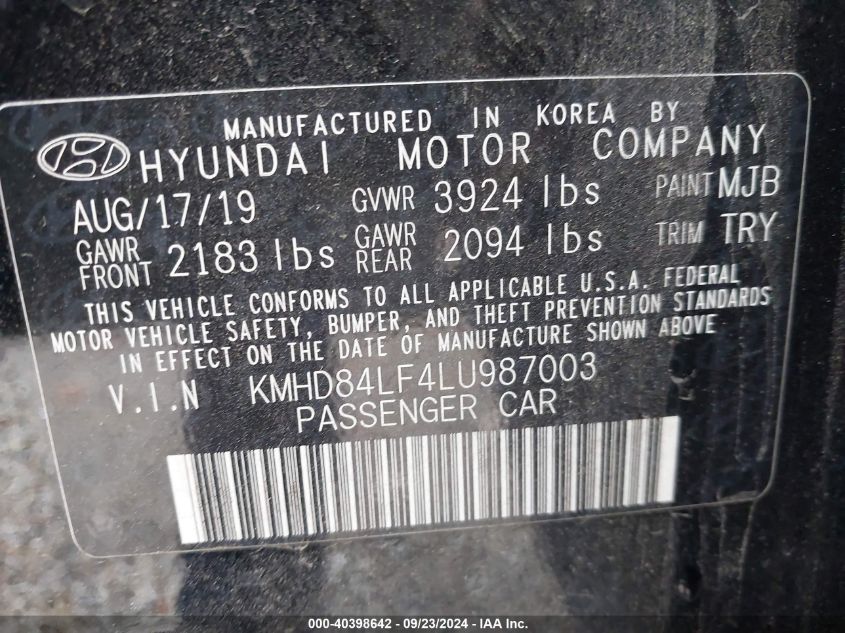 2020 Hyundai Elantra Sel/Value/Limited VIN: KMHD84LF4LU987003 Lot: 40398642