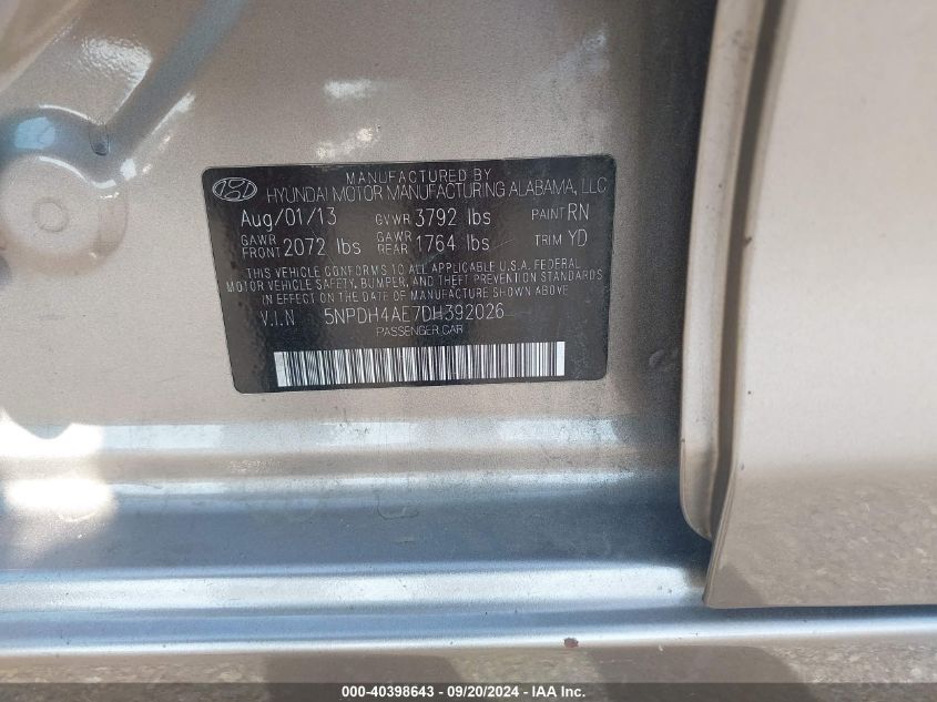 5NPDH4AE7DH392026 2013 Hyundai Elantra Gls