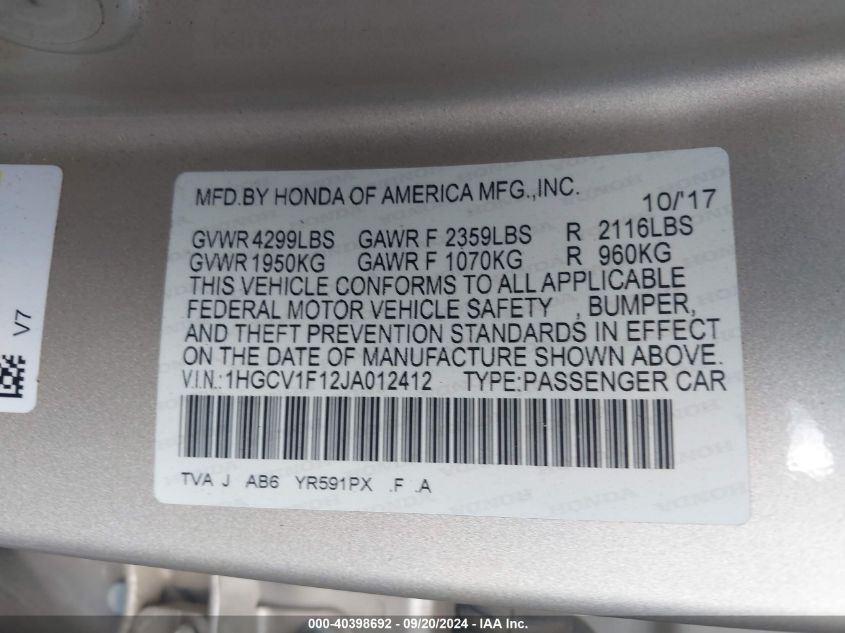 1HGCV1F12JA012412 2018 Honda Accord Lx