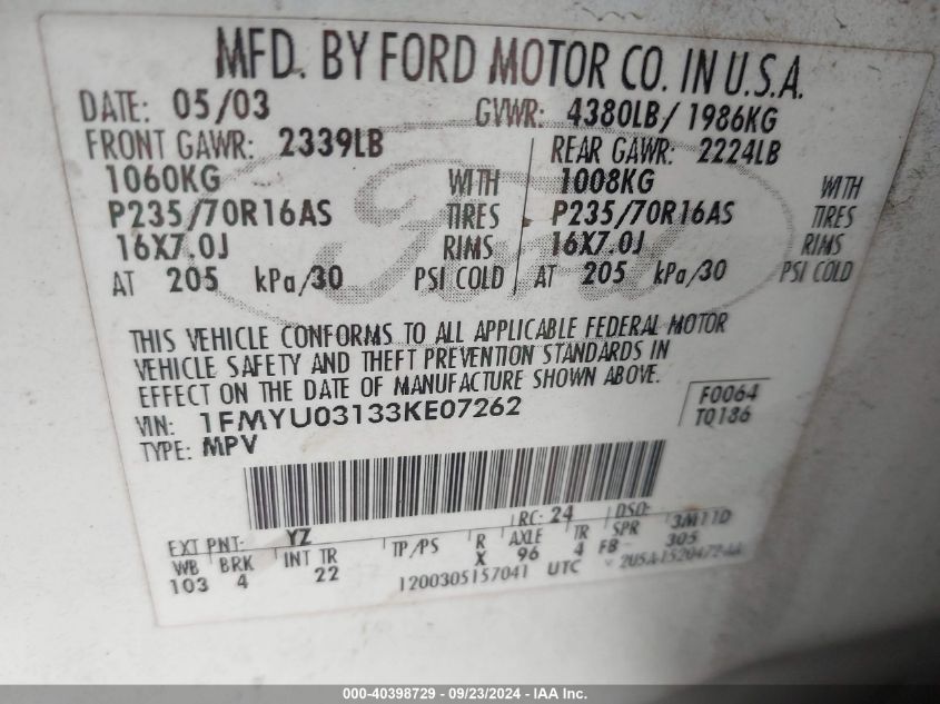 1FMYU03133KE07262 2003 Ford Escape Xlt