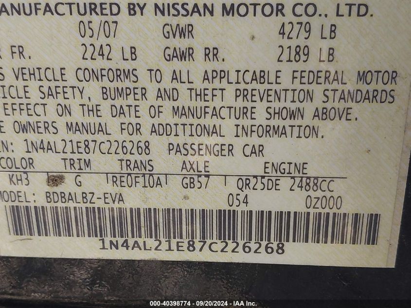 1N4AL21E87C226268 2007 Nissan Altima 2.5 S