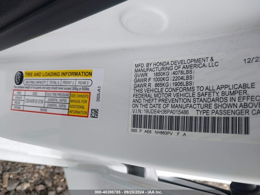 2023 ACURA INTEGRA 1.5L I-4 DI, DOHC, V(VIN: 19UDE4H36PA015486