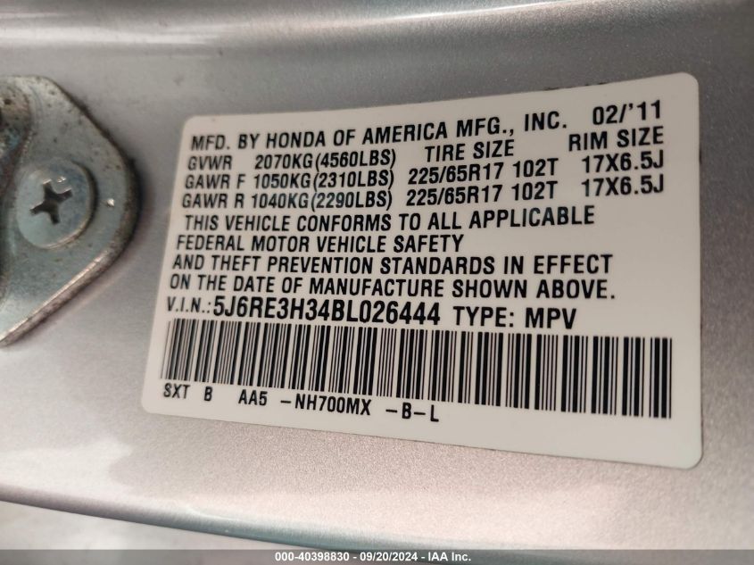 2011 Honda Cr-V Lx VIN: 5J6RE3H34BL026444 Lot: 40398830