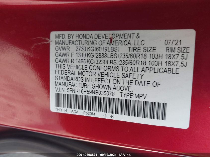 2022 Honda Odyssey Ex VIN: 5FNRL6H59NB035078 Lot: 40398871