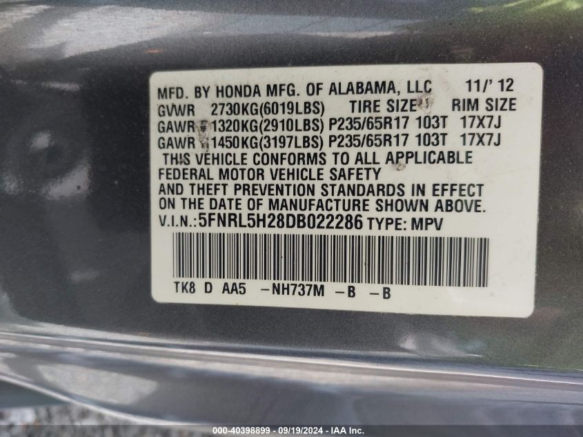 2013 Honda Odyssey Lx VIN: 5FNRL5H28DB022286 Lot: 40398899