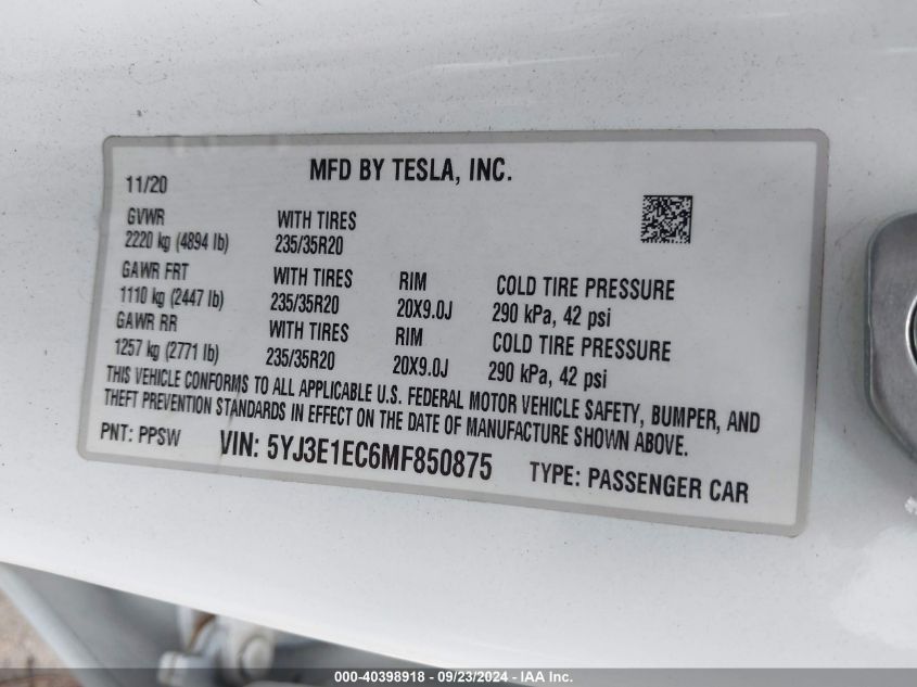 2021 Tesla Model 3 Performance Dual Motor All-Wheel Drive VIN: 5YJ3E1EC6MF850875 Lot: 40398918