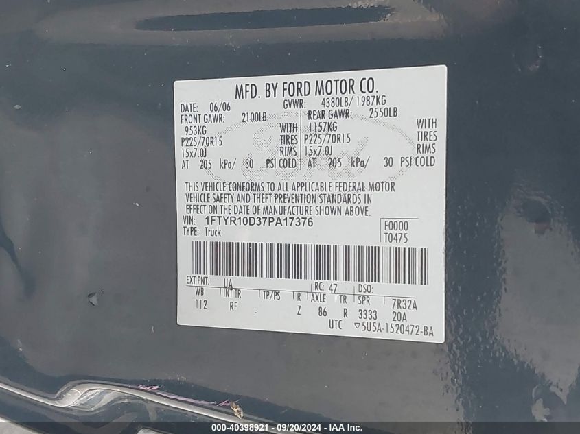 1FTYR10D37PA17376 2007 Ford Ranger Stx/Xl/Xlt