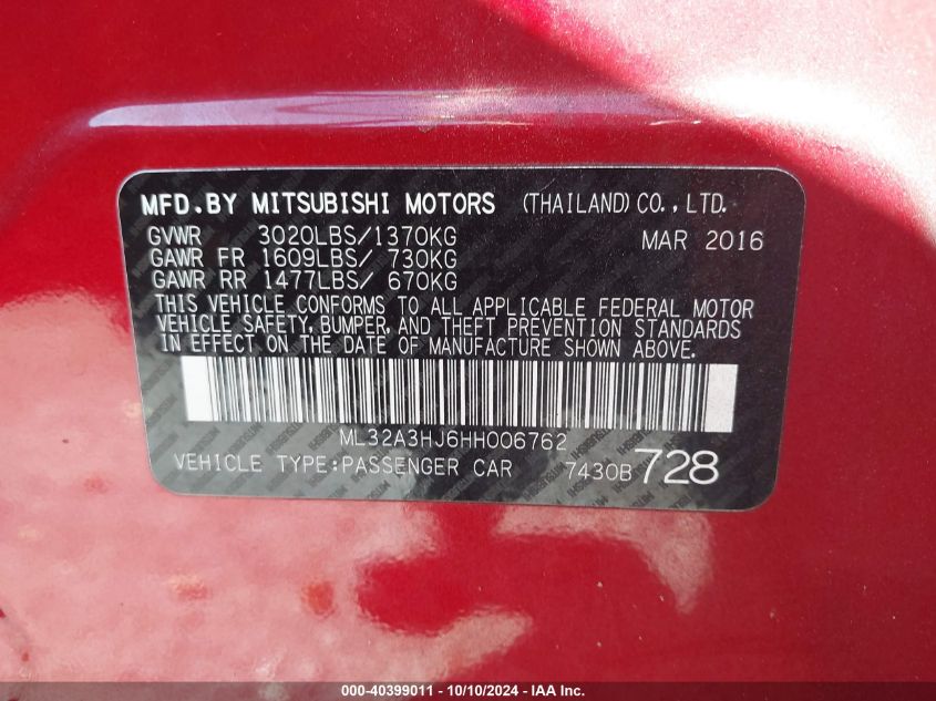 2017 Mitsubishi Mirage Es VIN: ML32A3HJ6HH006762 Lot: 40399011