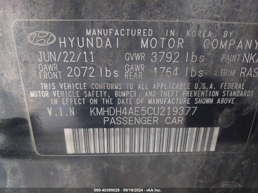 2012 Hyundai Elantra Gls (Ulsan Plant) VIN: KMHDH4AE5CU219377 Lot: 40399029