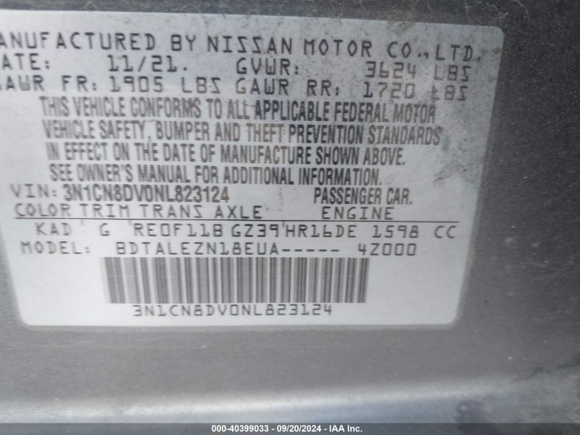 3N1CN8DV0NL823124 2022 Nissan Versa 1.6 S Xtronic Cvt