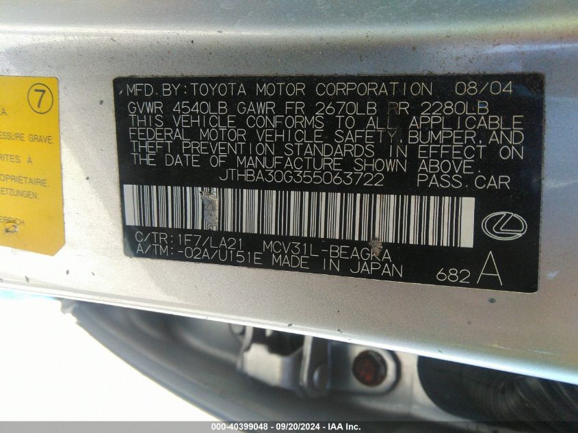 JTHBA30G355063722 2005 Lexus Es 330