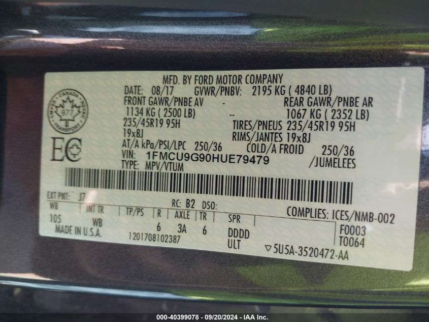 1FMCU9G90HUE79479 2017 Ford Escape Se