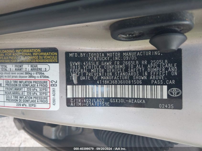 4T1BK36B36U081506 2006 Toyota Avalon Xls