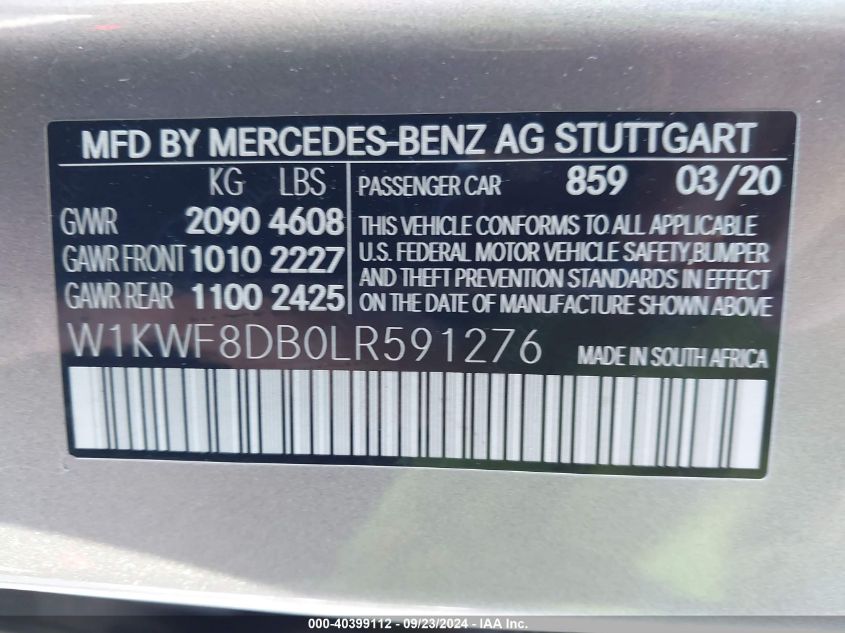 2020 Mercedes-Benz C 300 VIN: W1KWF8DB0LR591276 Lot: 40399112