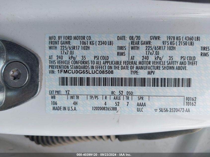 1FMCU0G65LUC08508 2020 Ford Escape Se