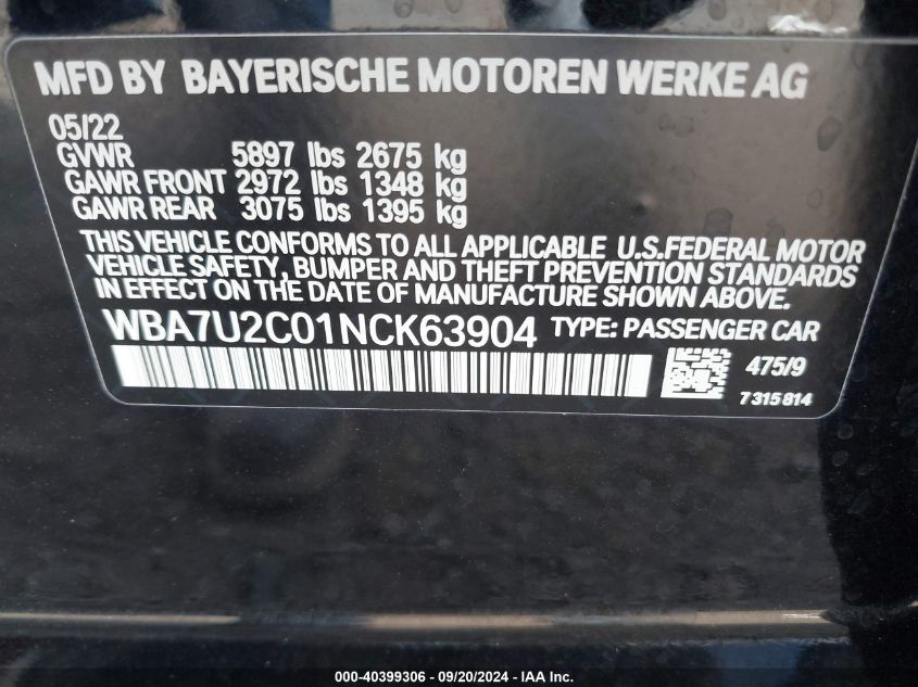 2022 BMW 750 I xDrive VIN: WBA7U2C01NCK63904 Lot: 40399306