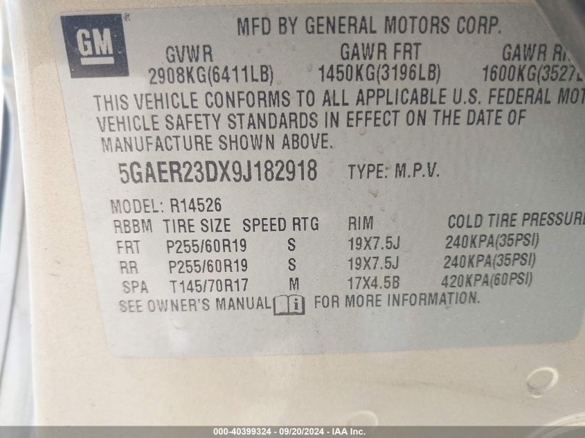 5GAER23DX9J182918 2009 Buick Enclave Cxl