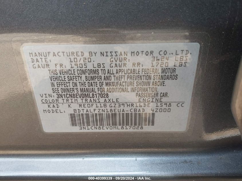 3N1CN8EV0ML817028 2021 Nissan Versa Sv Xtronic Cvt