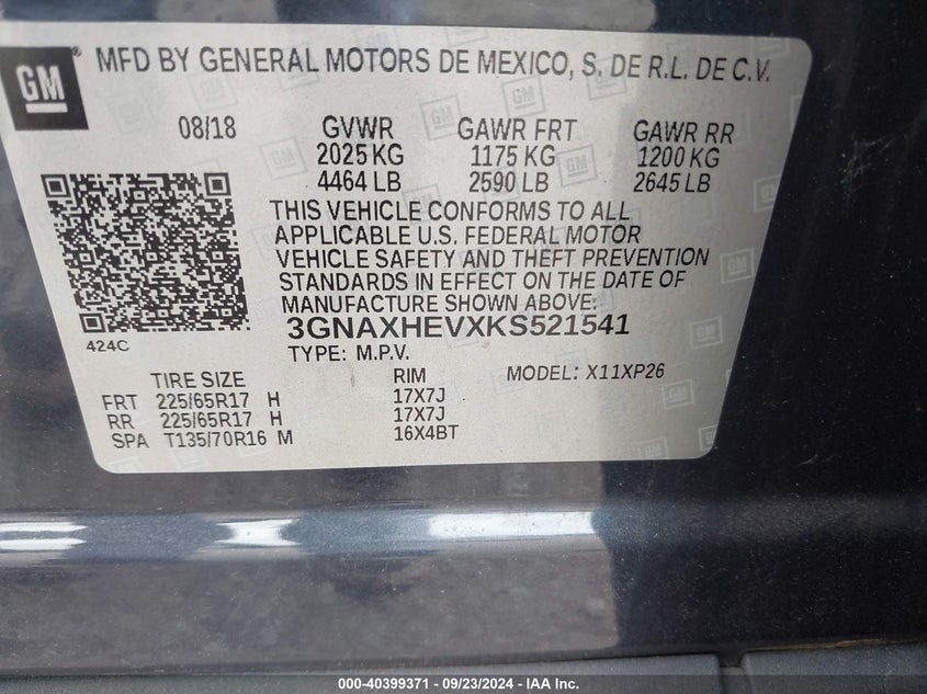 3GNAXHEVXKS521541 2019 Chevrolet Equinox Ls
