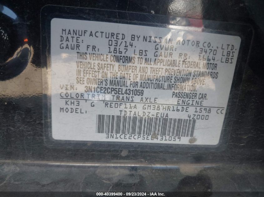 3N1CE2CP5EL431059 2014 Nissan Versa Note Sv