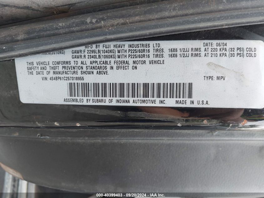 4S4BP61C257318955 2005 Subaru Outback 2.5I